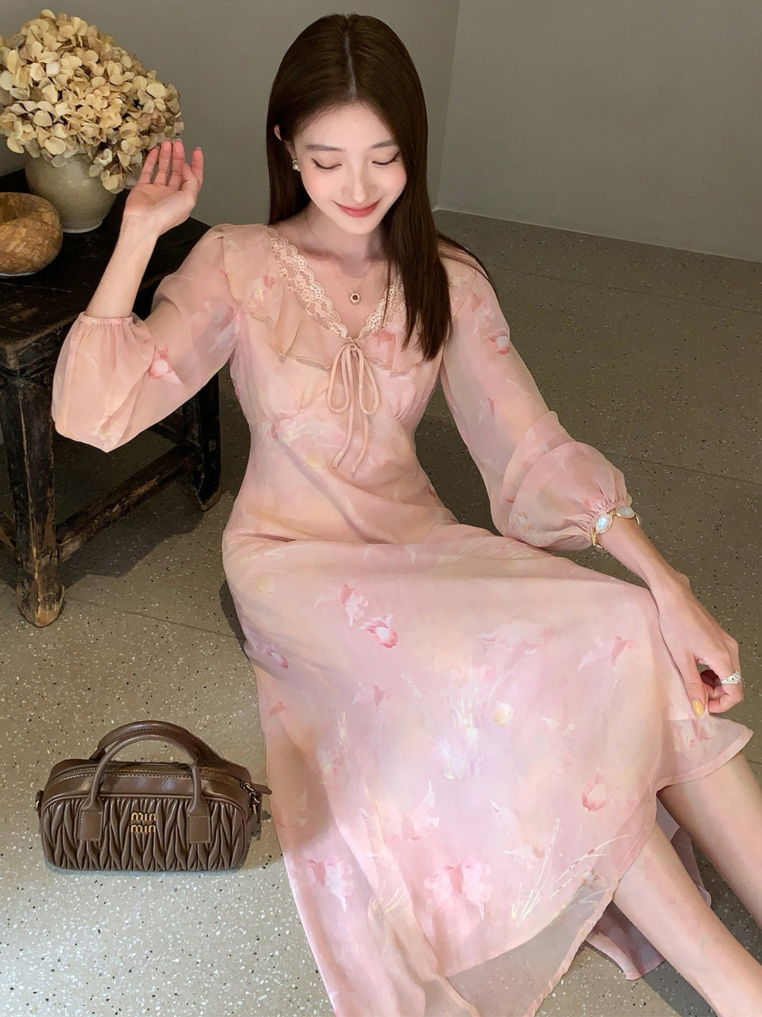 【dress】フラワー柄レースドッキングロングワンピース Q8998