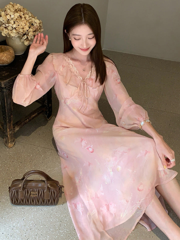 【dress】フラワー柄レースドッキングロングワンピース Q8998