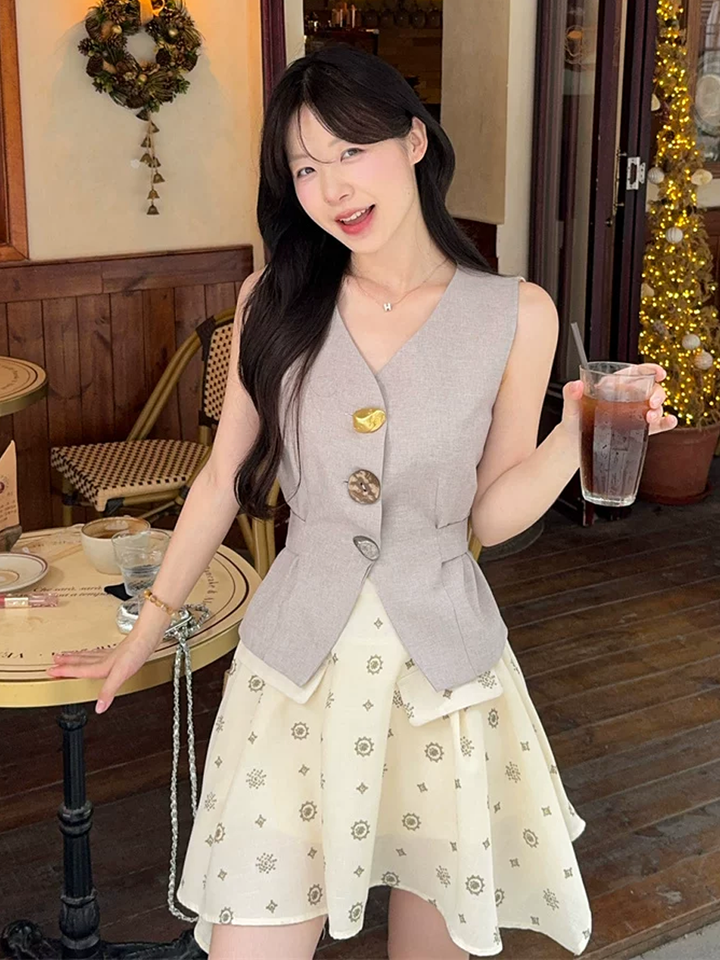 【set】スーツベスト×イレヘムミニスカートセット Q8539