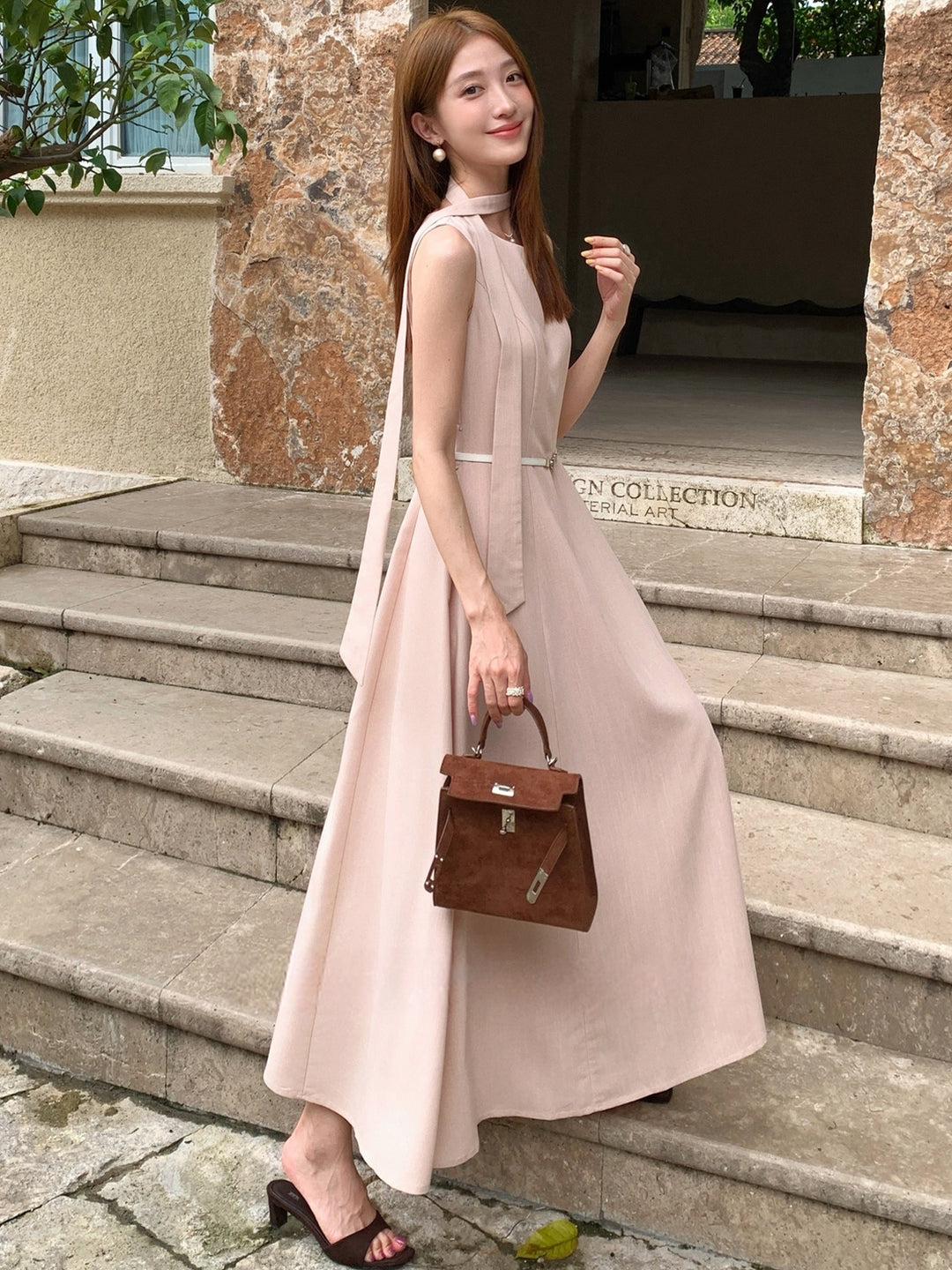 【dress】ベルト付きノースリーブロングワンピース Q8981