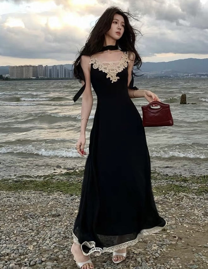 【dress】スカーフ付きレースドッキングロングワンピース Q8691