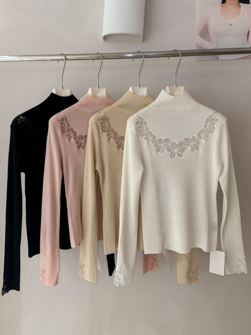 【tops】ハイネックレースドッキングニットトップス Q9157