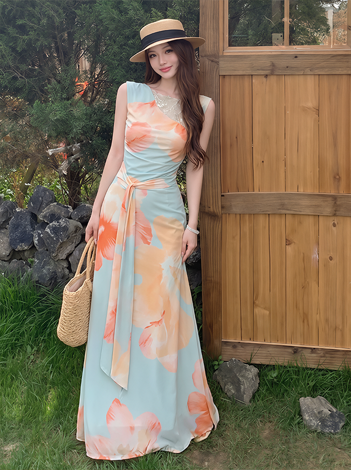 【dress】ノースリーブレースドッキングロングワンピース Q8597