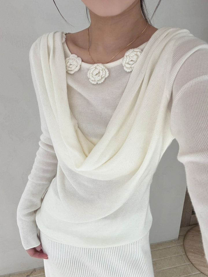 【tops】立体フラワー付きドレープドネックニットトップス Q9130