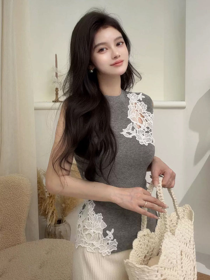 【tops】ノースリーブレースドッキングニットトップス Q9123