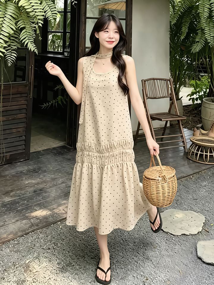 【dress】ドット柄ロングベストワンピース Q8592