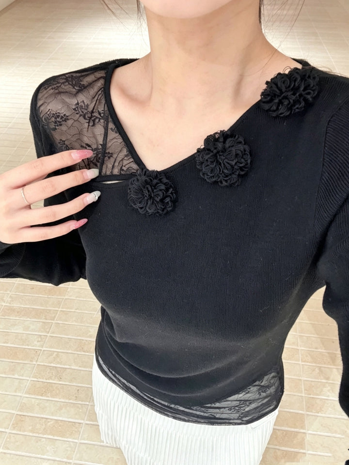 【tops】立体フラワー付きレースドッキングトップス Q9125