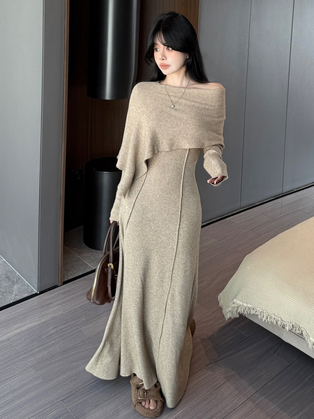【dress】ケープ付きニットロングワンピース Q9179