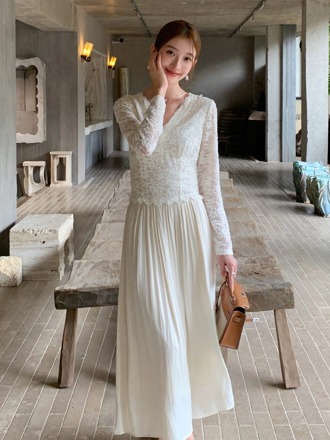 【dress】レースドッキングロングワンピース Q9109