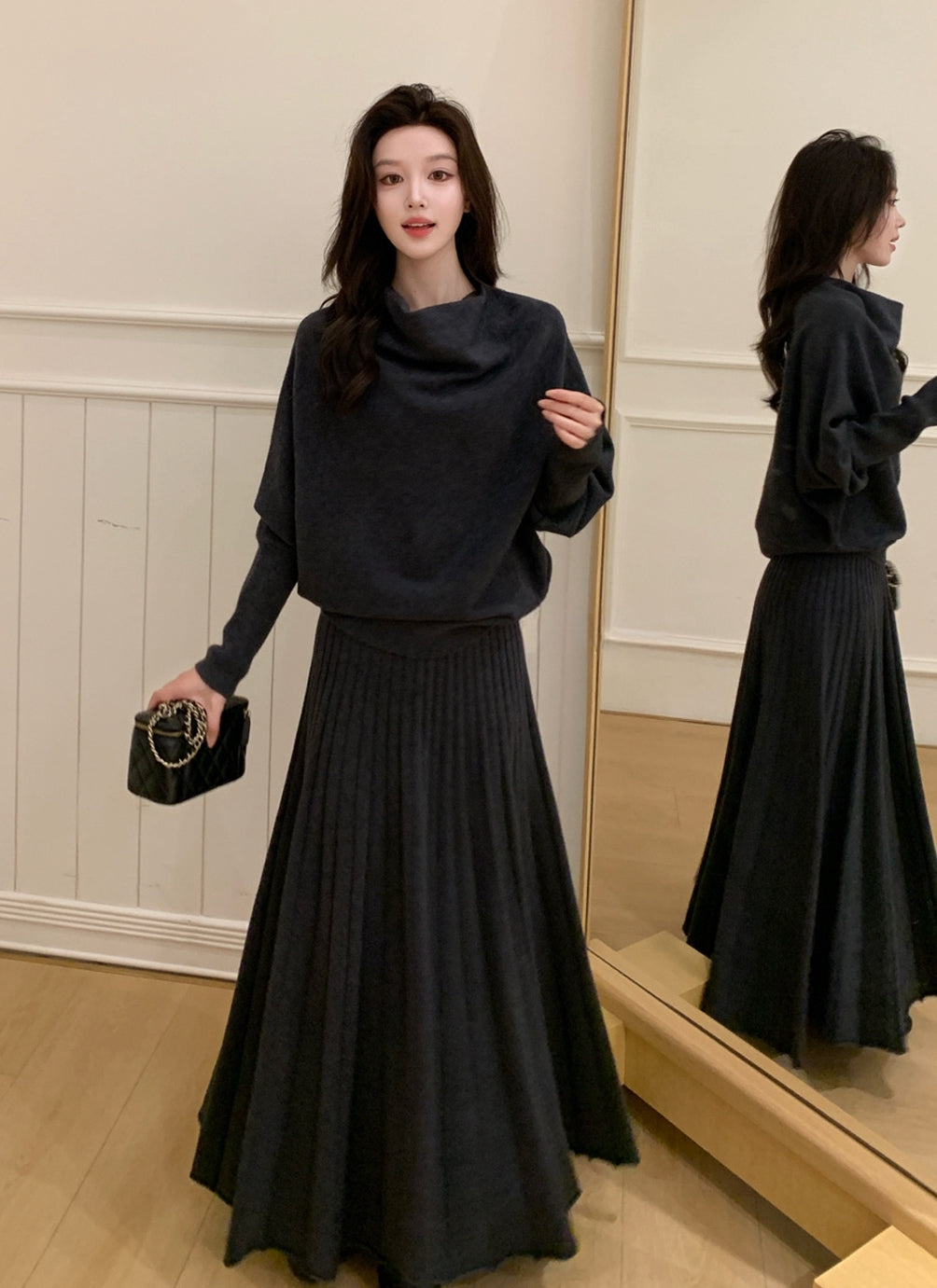 【set】ドレープドネックニットトップス×ロングプリーツスカートセット Q9240