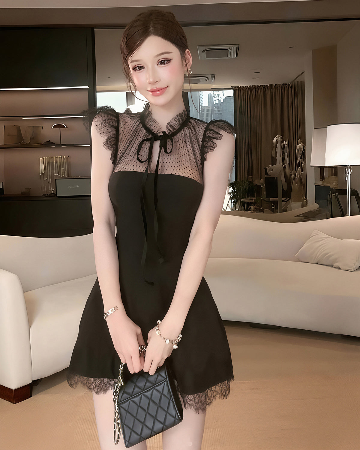 レース付きブラックミニワンピース dress】レースドッキングミニワンピース Q8709 – NANASTYLE