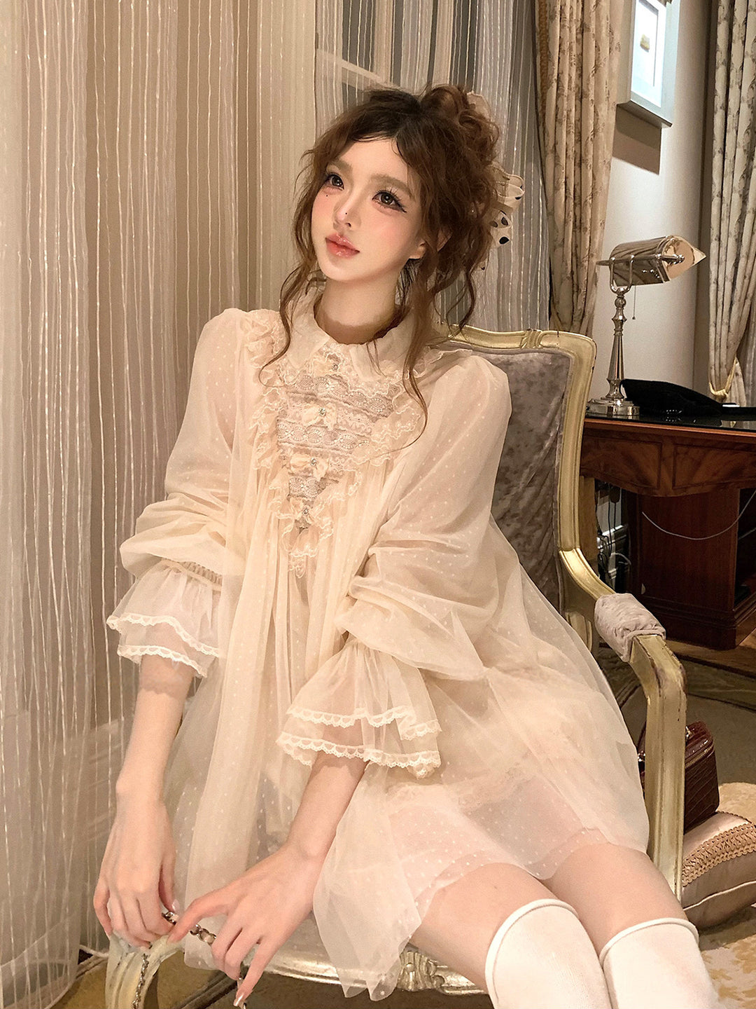 【dress】ギャザーフリルレースドッキングミニワンピース Q9229