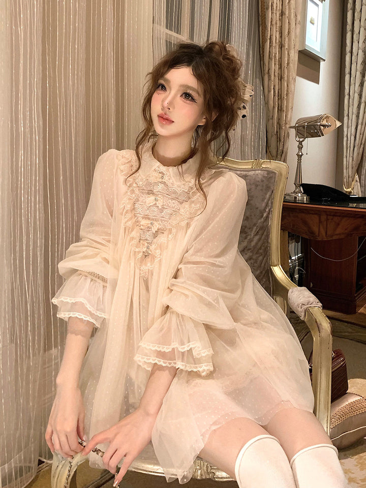 【dress】ギャザーフリルレースドッキングミニワンピース Q9229
