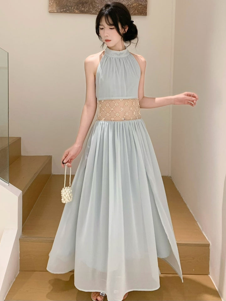【dress】ホルターネックレースドッキングロングワンピース Q8660