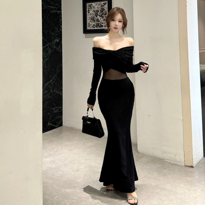 【dress】オフショルチュールドッキングワンピース Q7418