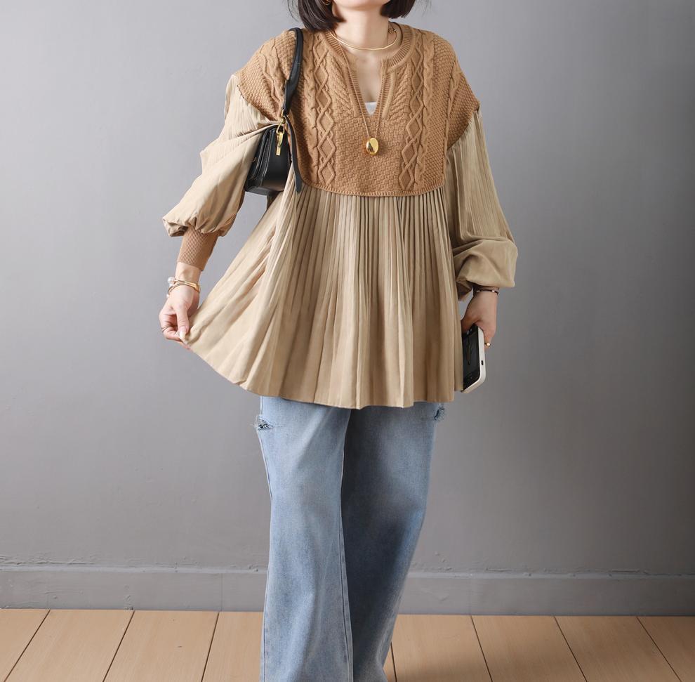 【tops】ニット切り替えトップス　M26842