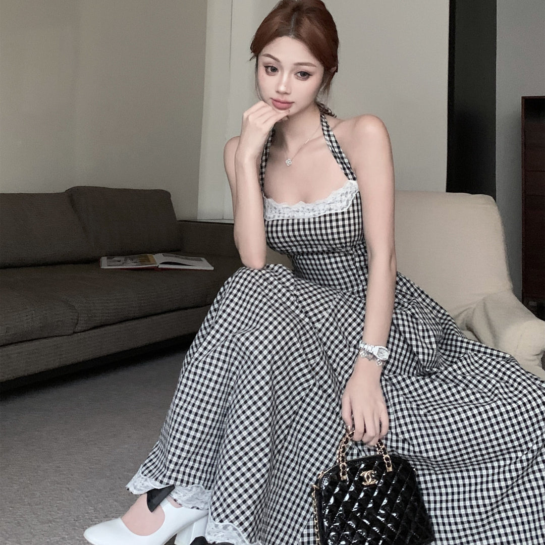【dress】バックリボンレース切り替えチェック柄ワンピース　N2683