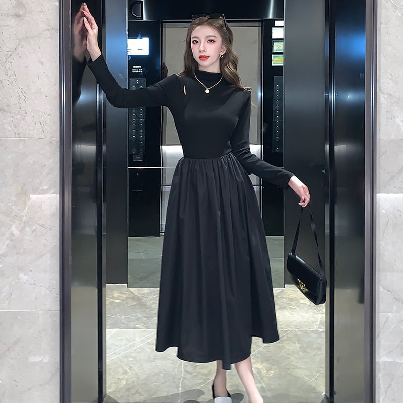 【dress】ドッキング無地ワンピース　M18295