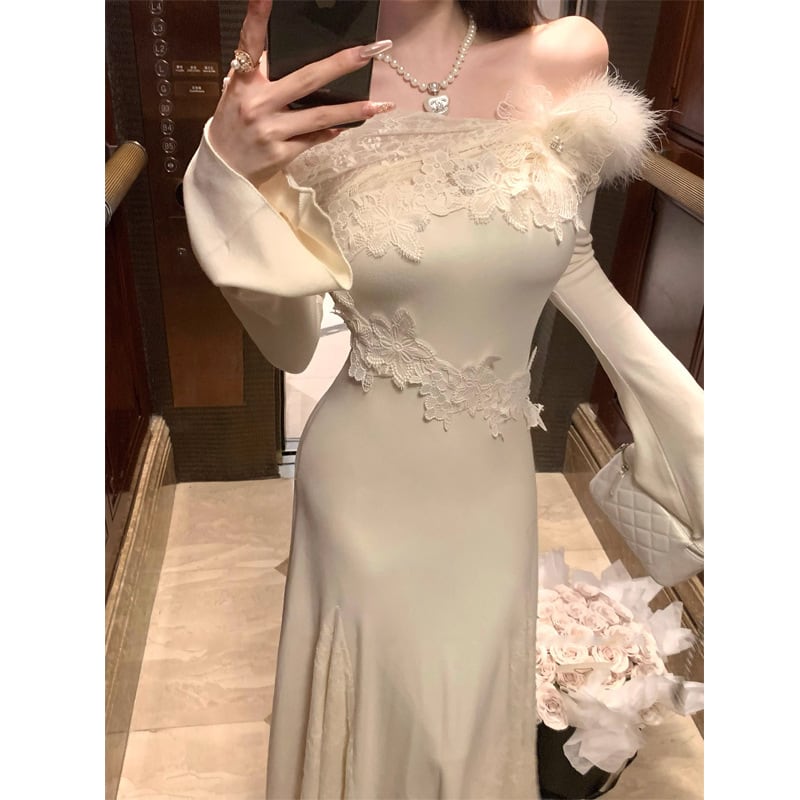 【dress】レース切り替ワンピニットワンピース　M26641