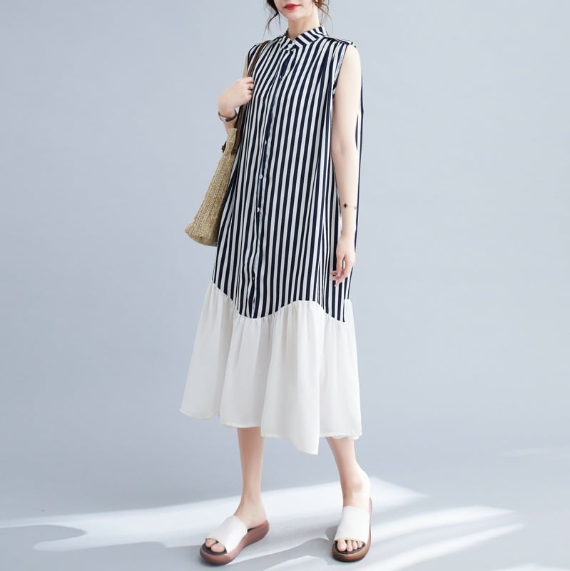 【dress】韓国系ストライプ柄ノースリーブワンピース　M16946