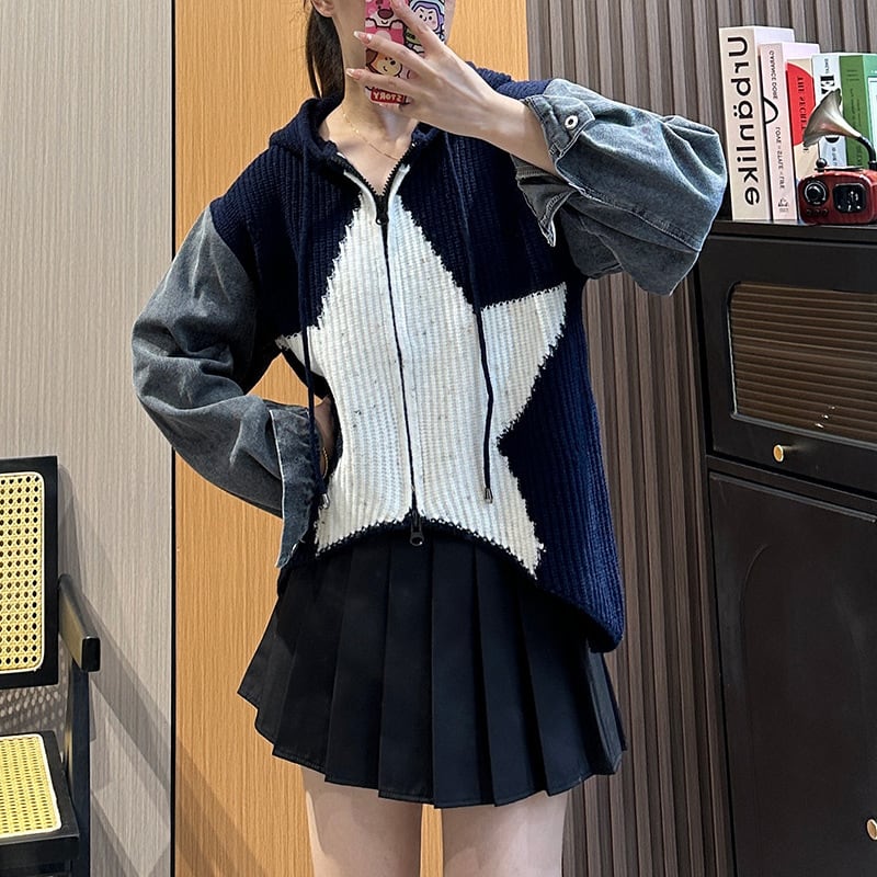 【outer】デニム切り替えニットカーデ　M18150