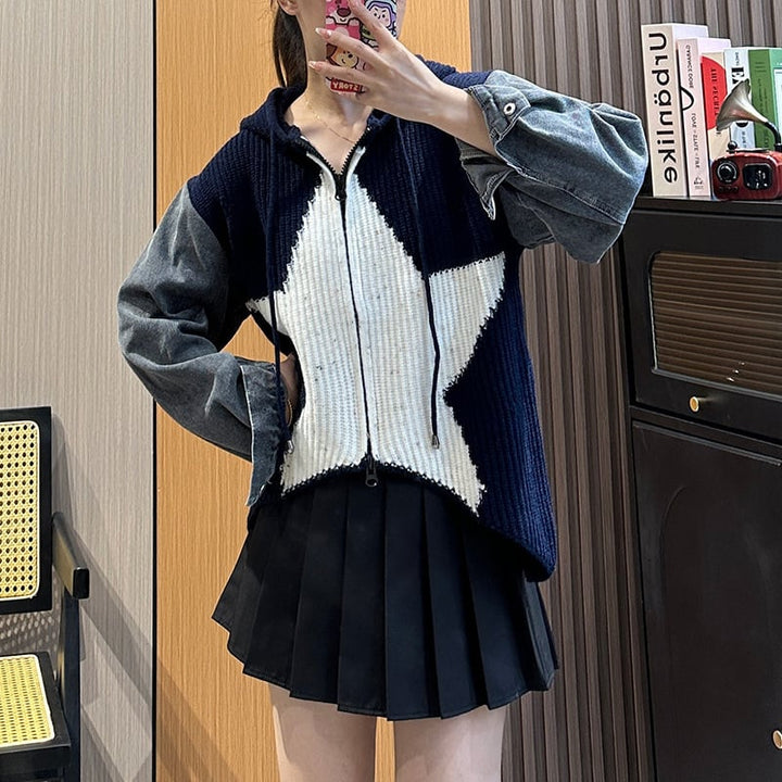 【outer】デニム切り替えニットカーデ　M18150