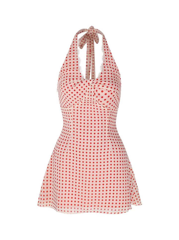 【dress】ドット柄ホルターネックミニワンピース Q8497