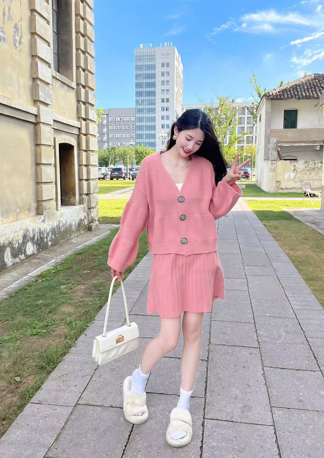 【set】Ｖネックカーデ×プリーツスカートニットセット　N1994