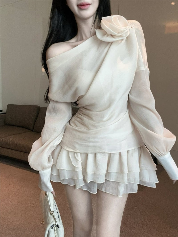 【set】立体フラワーオフショルダートップス×スカートセット　M28465