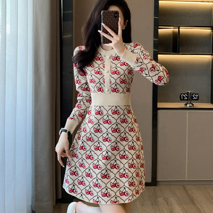 【dress】チェリー柄ニットワンピース　N2032