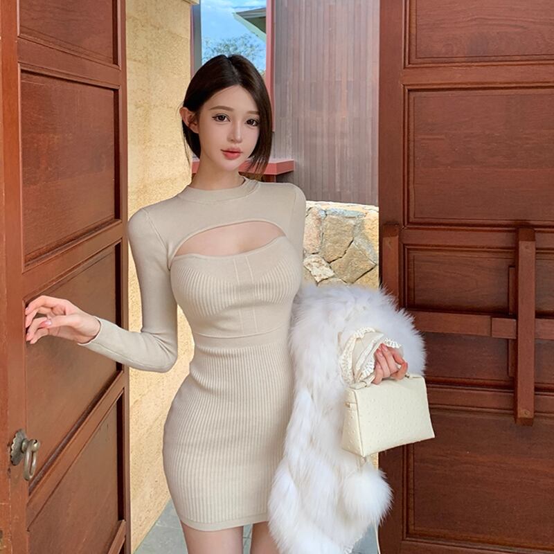 【dress】フロントカットニットワンピース Q7260