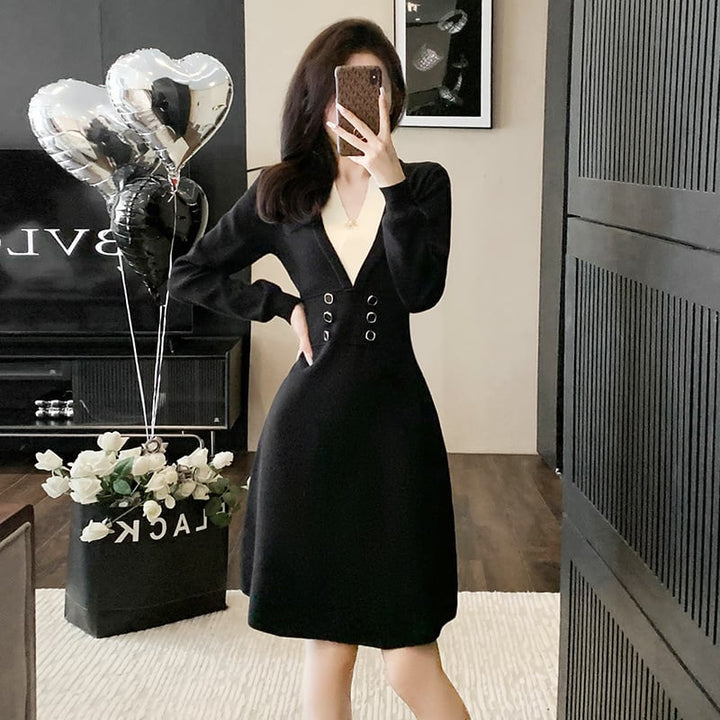 【dress】Vネックニットワンピース　M18286