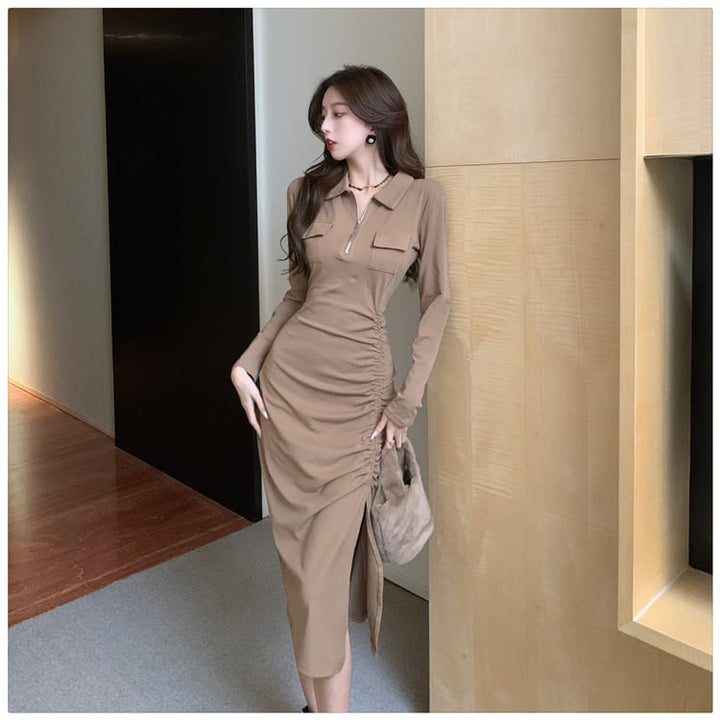 【dress】人気を独占中 POLOネックスリットワンピース　M17014