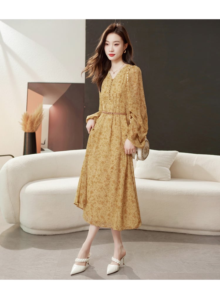 【dress】輝いて超人気 ! Vネック花柄ワンピースベルト付き　M17029