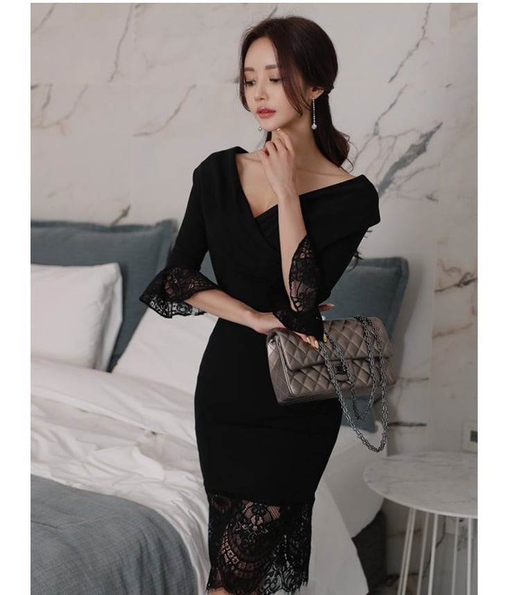 【dress】美人度アップVネックレース切り替えワンピース　M17427