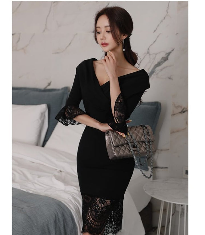 【dress】美人度アップVネックレース切り替えワンピース　M17427