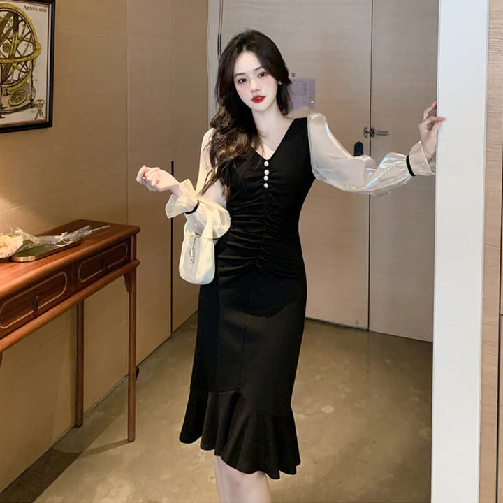 【dress】高級感 エレガントオシャレ切り替えワンピース　M17480