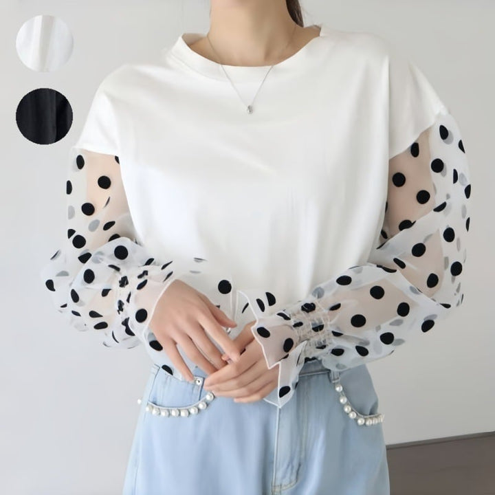 【tops】チュール切り替え長袖Tシャツ　M22604
