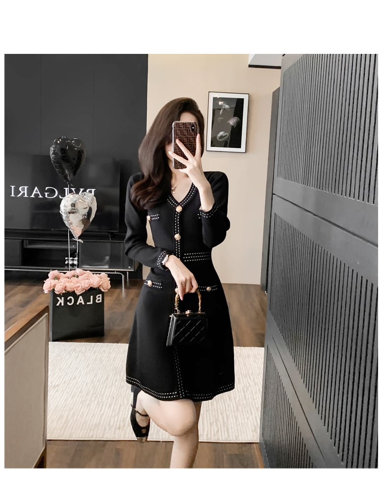 【dress】Vネックレトロニットワンピース　M17507