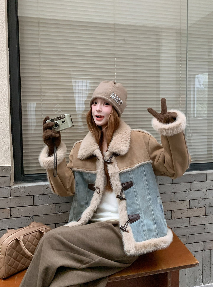 【outer】ファー付きデニムドッキングコート Q7483