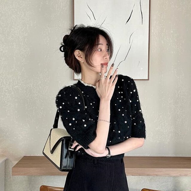 【tops】パール半袖ニットセーター　M26435