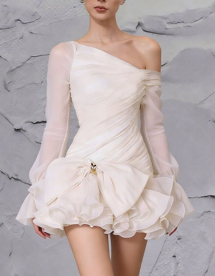 【dress】リボン付きギャザーフリルシフォンミニワンピース Q8400