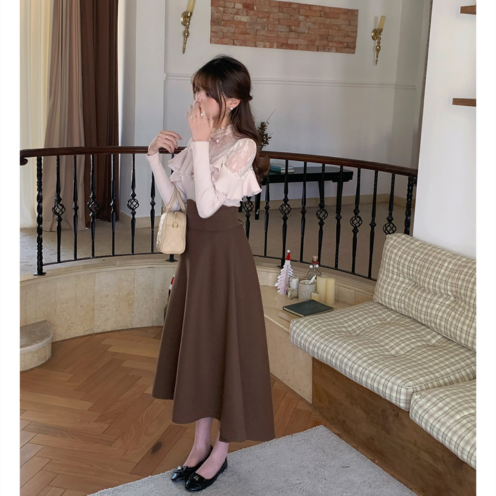 【set】レースフリルニットトップス×ロングスカートセット    N3477