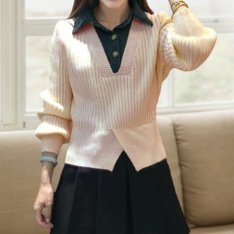 【tops】フェイクレイヤードニットトップス Q7714