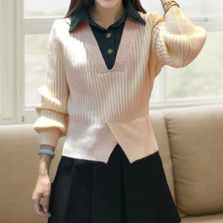 【tops】フェイクレイヤードニットトップス Q7714