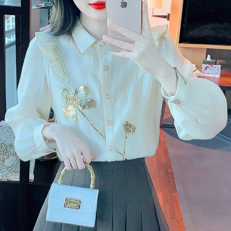 【tops】大人らしい エレガントフリルシャツトップス　M16888