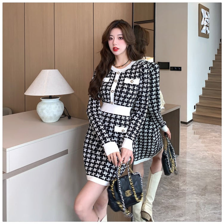 【dress】千鳥格子ニットワンピース　M17627