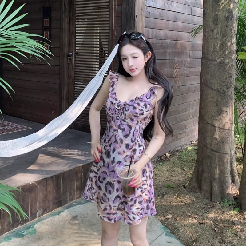 【dress】ヒョウ柄フリルキャミワンピース Q8449