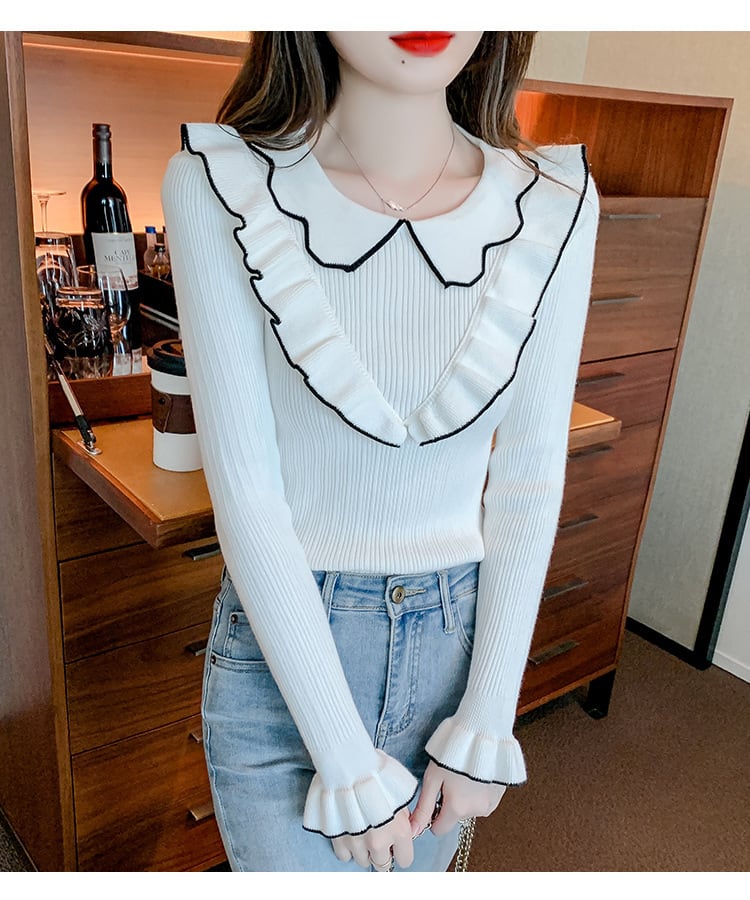 【tops】折り襟フリルニットトップス　M18137