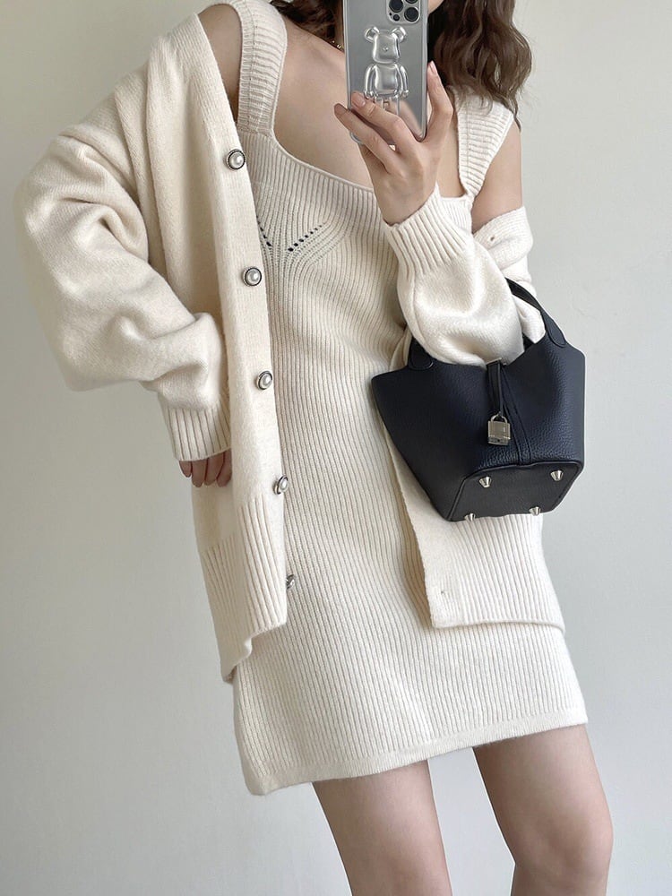 【set】ニットカーデ×キャミワンピースセット　M25427